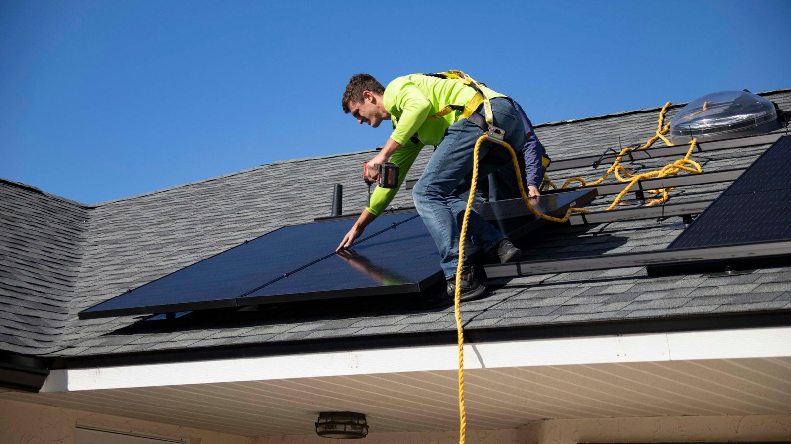 Fachkraft montiert Photovoltaikmodule auf einem Dach